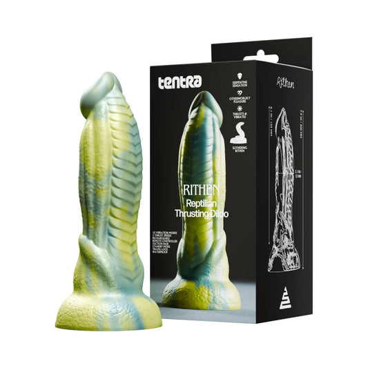 Tentra Rithen Reptilian Thrusting Dildo – Green – 10 Vibration Modes, 3 Thrust Speeds
