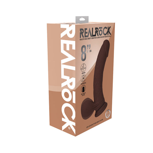 Realrock Dual Density Vibrating Silicone Dildo with Weighted Balls 8 in. Brown