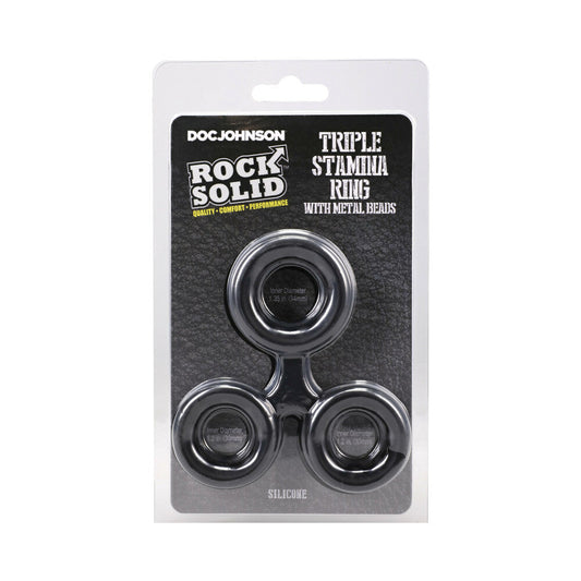 Rock Solid Silicone Triple Stamina Ring with Metal Beads – Black