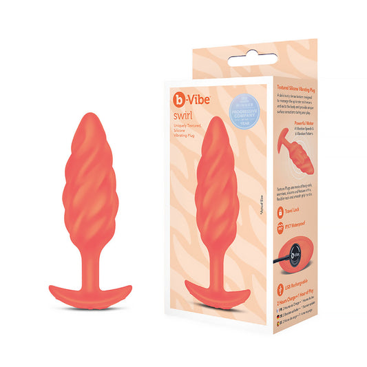 b-Vibe Swirl Texture Plug – Medium Vibrating Silicone Butt Plug – Orange