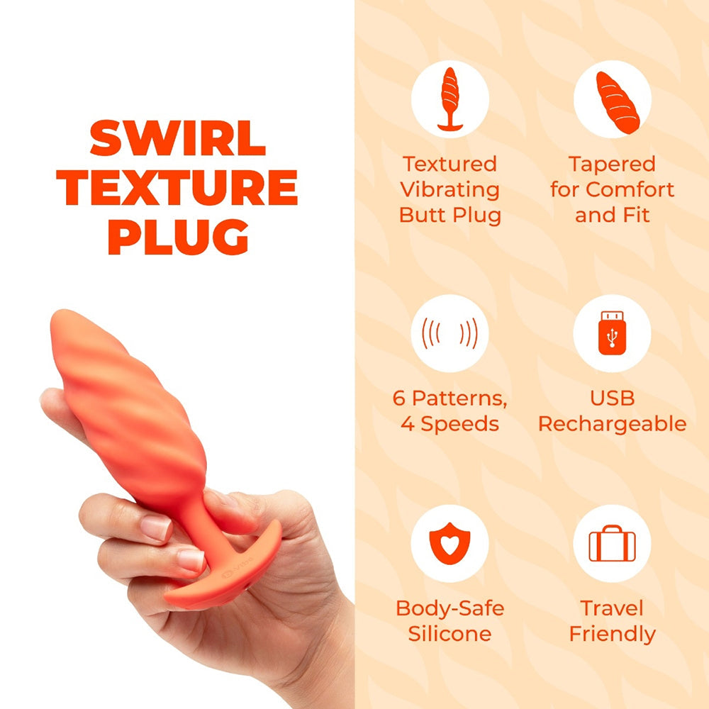 b-Vibe Swirl Texture Plug – Medium Vibrating Silicone Butt Plug – Orange