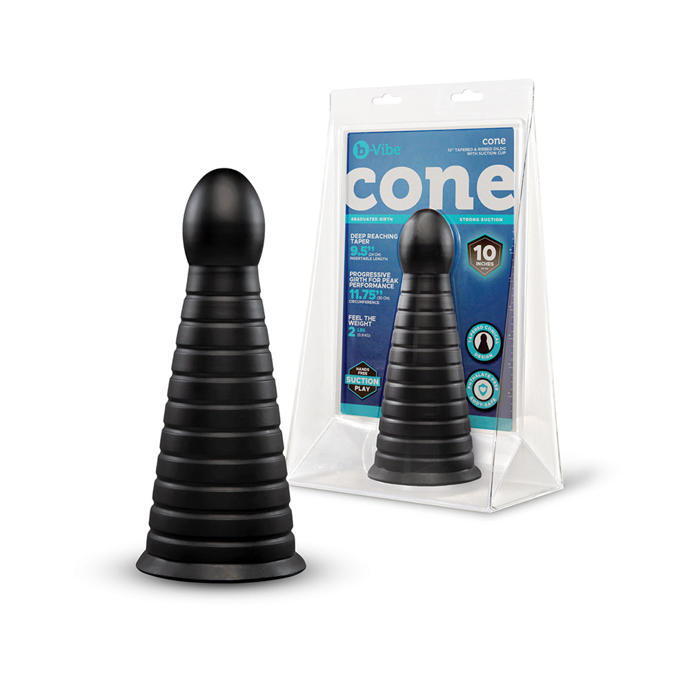 b-Vibe Cone 10 in. Tapered & Ribbed Dildo with Suction Cup - Black