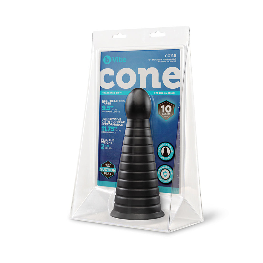 b-Vibe Cone 10 in. Tapered & Ribbed Dildo with Suction Cup - Black