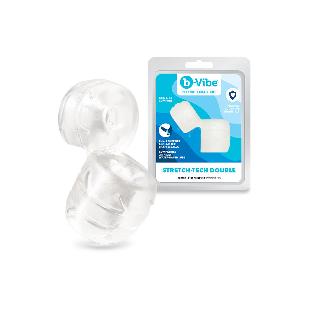 b-Vibe Stretch-Tech Double Barrel Ultra Stretchy C-Ring & Ball Stretcher - Clear