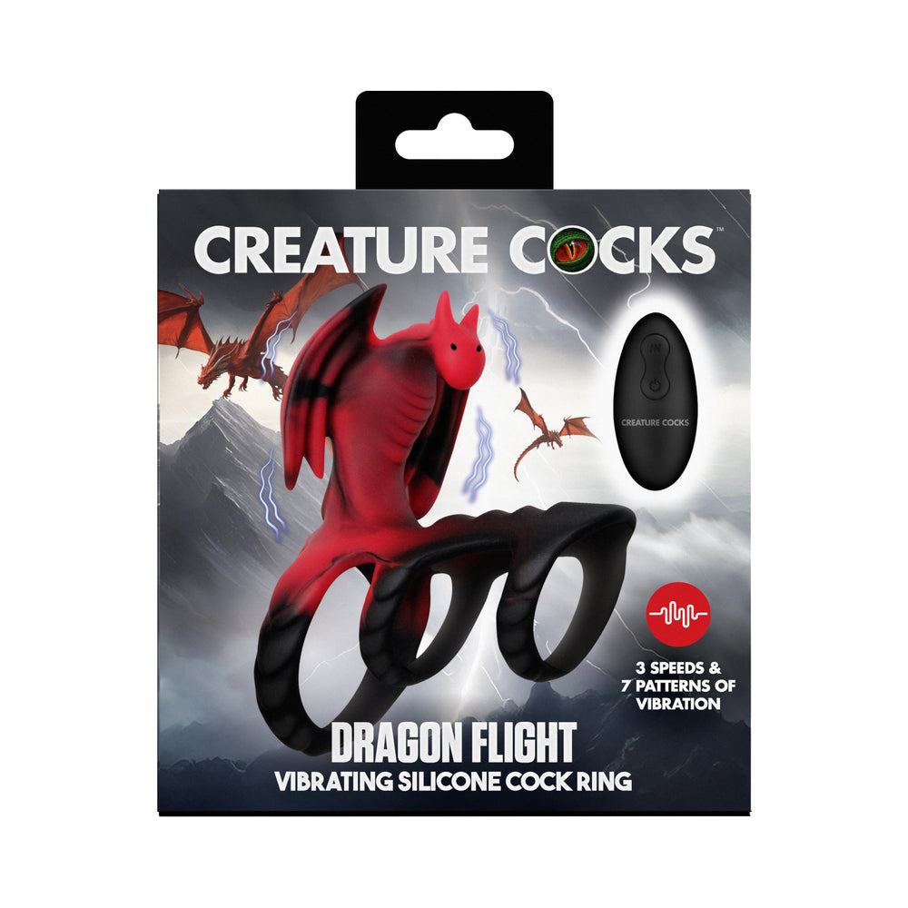 Creature Cocks Dragon Flight Vibrating Silicone Cock Ring – Black and Red
