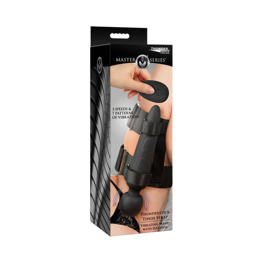 Master Series Thunderstick Thigh Strap Vibrating Wand with Harness – Black