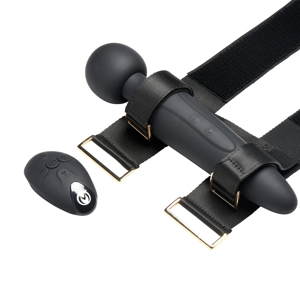 Master Series Thunderstick Thigh Strap Vibrating Wand with Harness – Black