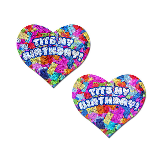 Pastease Tits My Birthday! Heart Breast Pasties with Confetti – Colorful Celebration Accessory