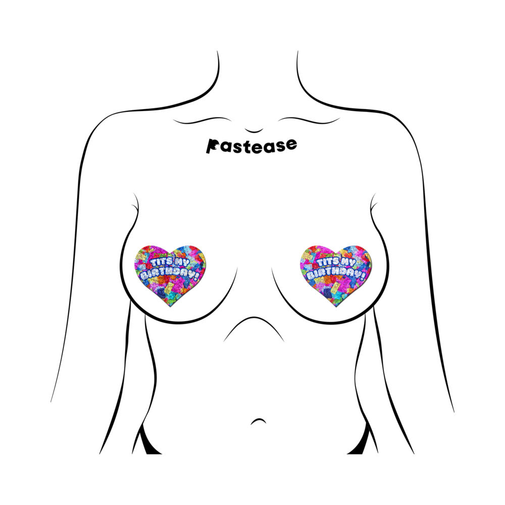 Pastease Tits My Birthday! Heart Breast Pasties with Confetti – Colorful Celebration Accessory