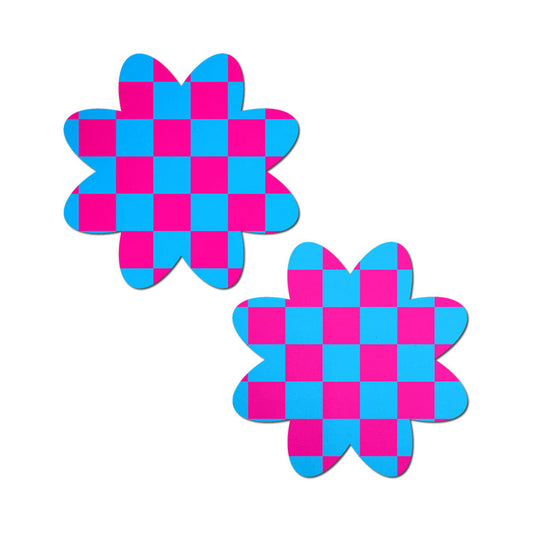 Pastease Neon Checkered Pink & Blue Petal Breast Pasties – UV Reactive & Bold Design