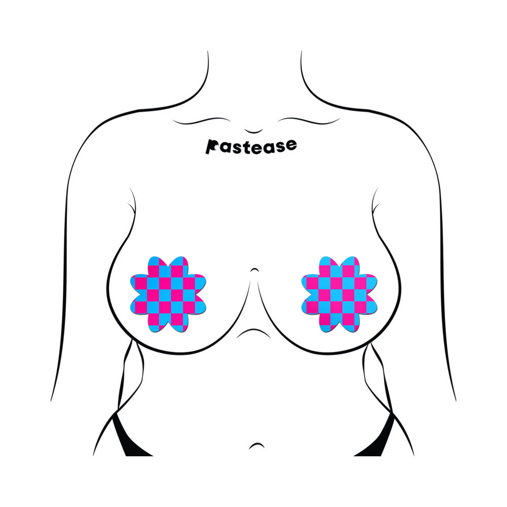 Pastease Neon Checkered Pink & Blue Petal Breast Pasties – UV Reactive & Bold Design