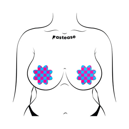 Pastease Neon Checkered Pink & Blue Petal Breast Pasties – UV Reactive & Bold Design