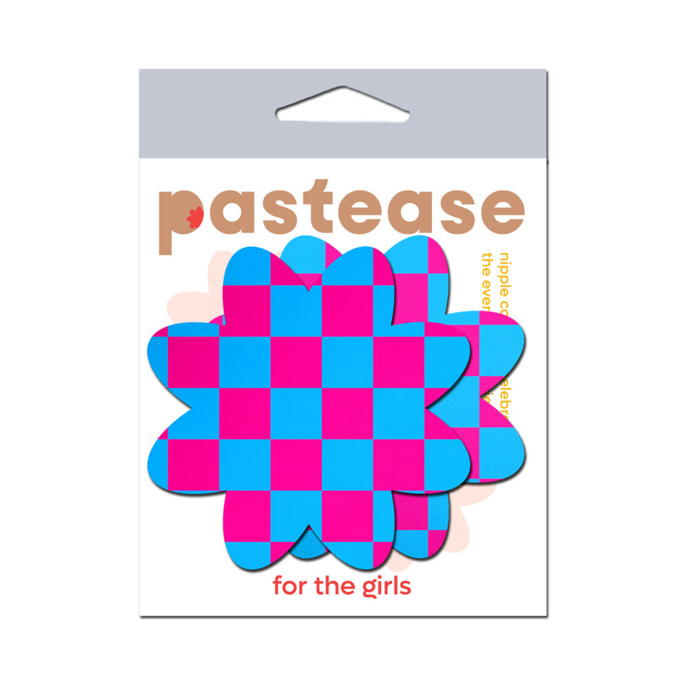 Pastease Neon Checkered Pink & Blue Petal Breast Pasties – UV Reactive & Bold Design