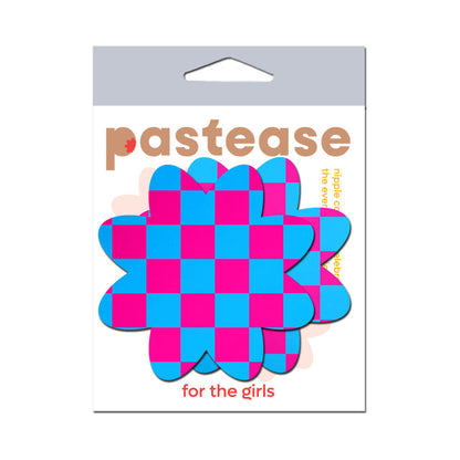 Pastease Neon Checkered Pink & Blue Petal Breast Pasties – UV Reactive & Bold Design
