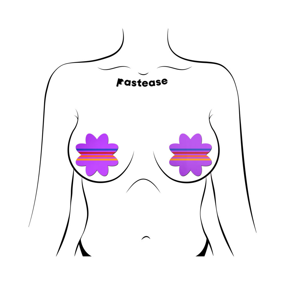 Pastease Colorful Retro Stripes on Purple Petal Breast Pasties – 3" x 3" Coverage