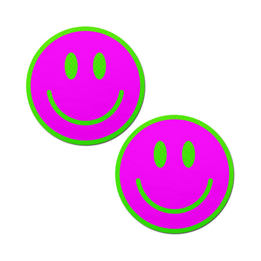 Pastease Neon Green Glow-in-the-Dark Pink Smiley Face Breast Pasties – 3 Inch Coverage
