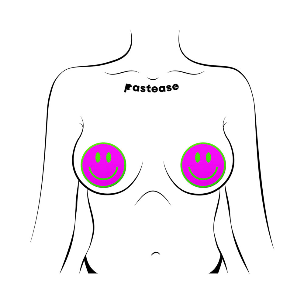 Pastease Neon Green Glow-in-the-Dark Pink Smiley Face Breast Pasties – 3 Inch Coverage
