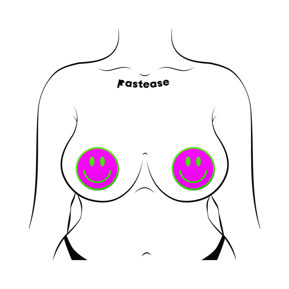 Pastease Neon Green Glow-in-the-Dark Pink Smiley Face Breast Pasties – 3 Inch Coverage