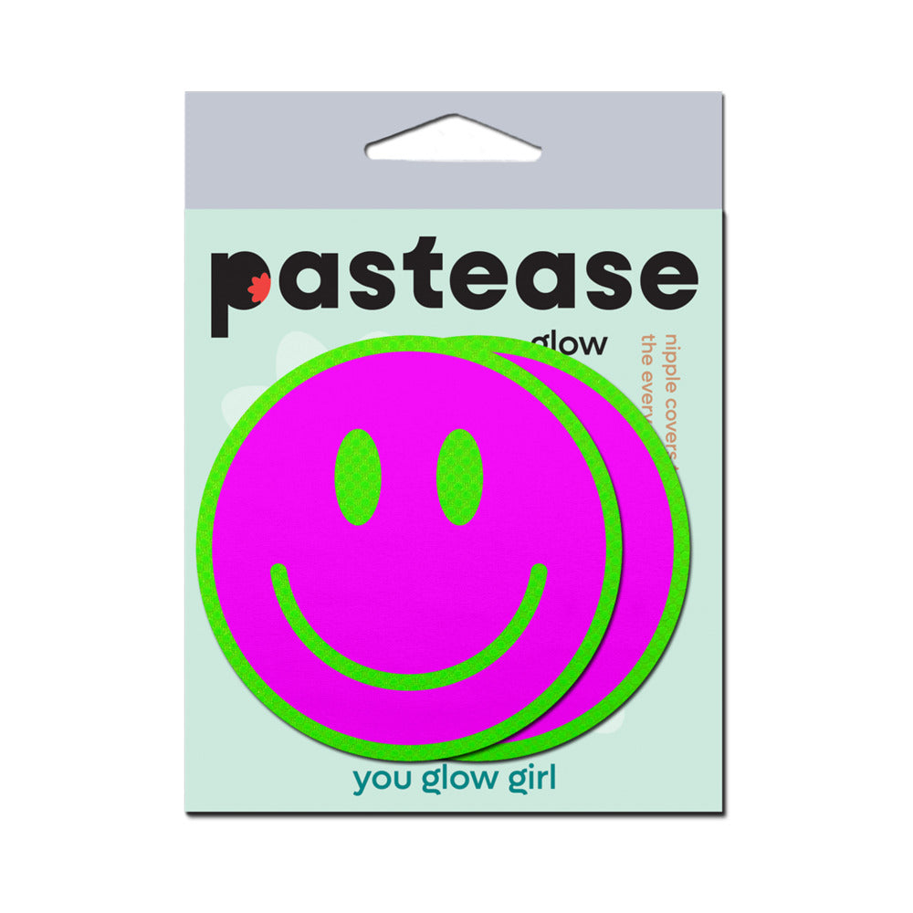 Pastease Neon Green Glow-in-the-Dark Pink Smiley Face Breast Pasties – 3 Inch Coverage