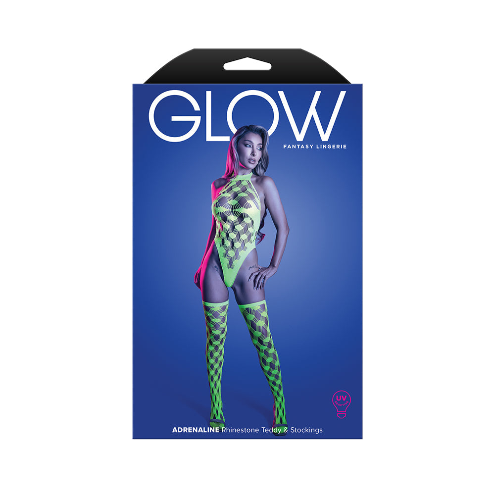 Fantasy Lingerie Glow Adrenaline Halter Teddy & Stockings – Rhinestone Fishnet, One Size