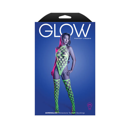 Fantasy Lingerie Glow Adrenaline Halter Teddy & Stockings – Rhinestone Fishnet, One Size