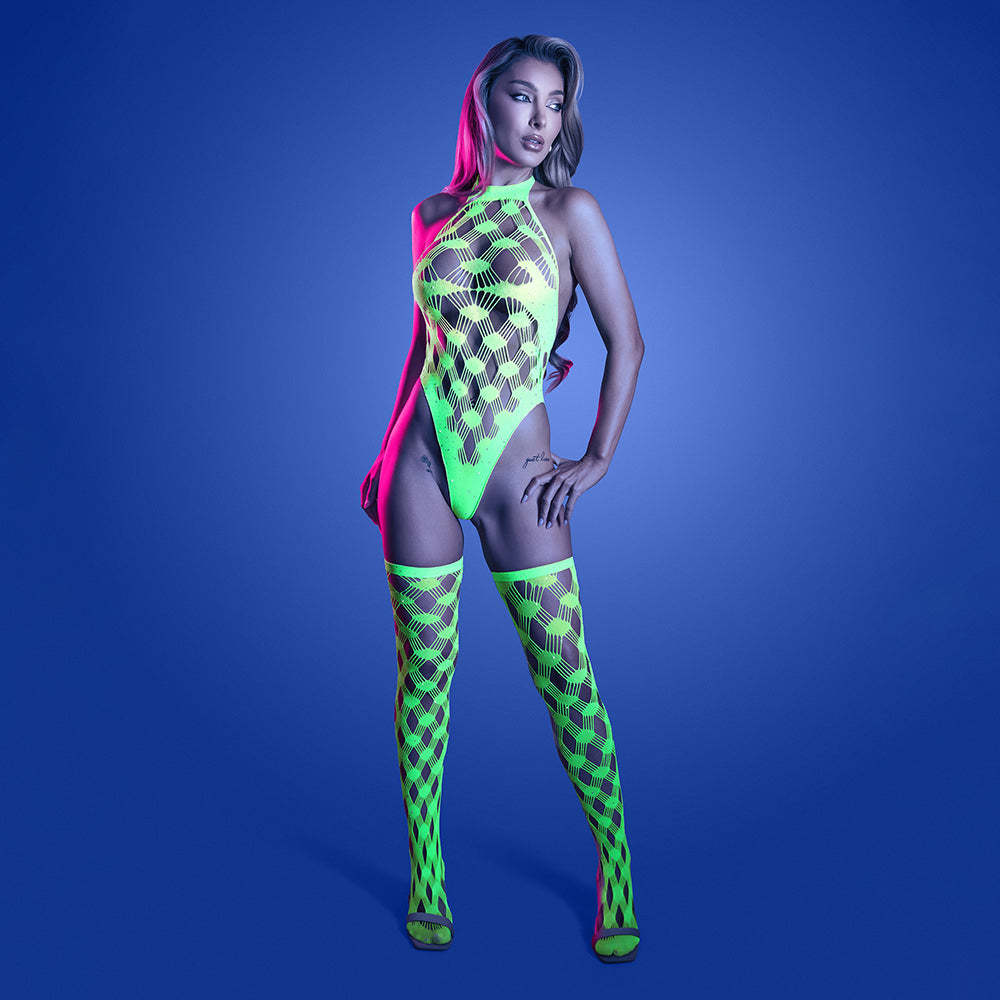 Fantasy Lingerie Glow Adrenaline Halter Teddy & Stockings – Rhinestone Fishnet, One Size