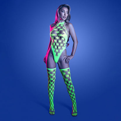 Fantasy Lingerie Glow Adrenaline Halter Teddy & Stockings – Rhinestone Fishnet, One Size