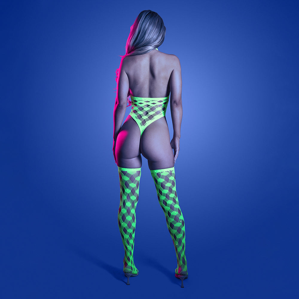 Fantasy Lingerie Glow Adrenaline Halter Teddy & Stockings – Rhinestone Fishnet, One Size