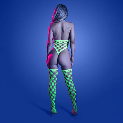 Fantasy Lingerie Glow Adrenaline Halter Teddy & Stockings – Rhinestone Fishnet, One Size