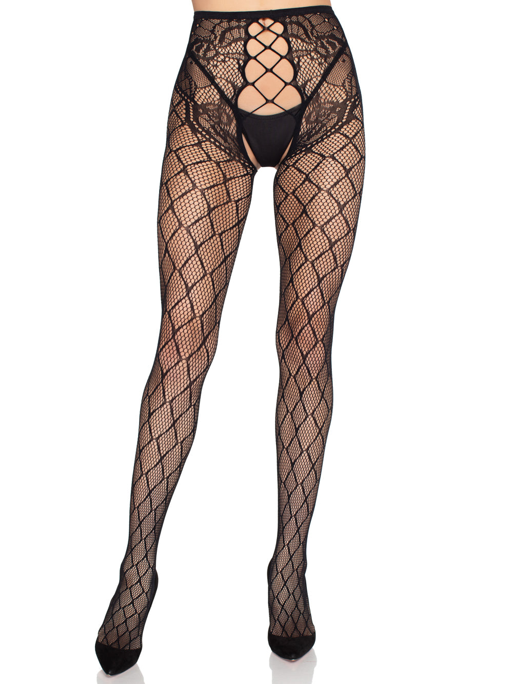 Leg Avenue Faux Layer Net Tights with Crotchless Floral Panty – Black