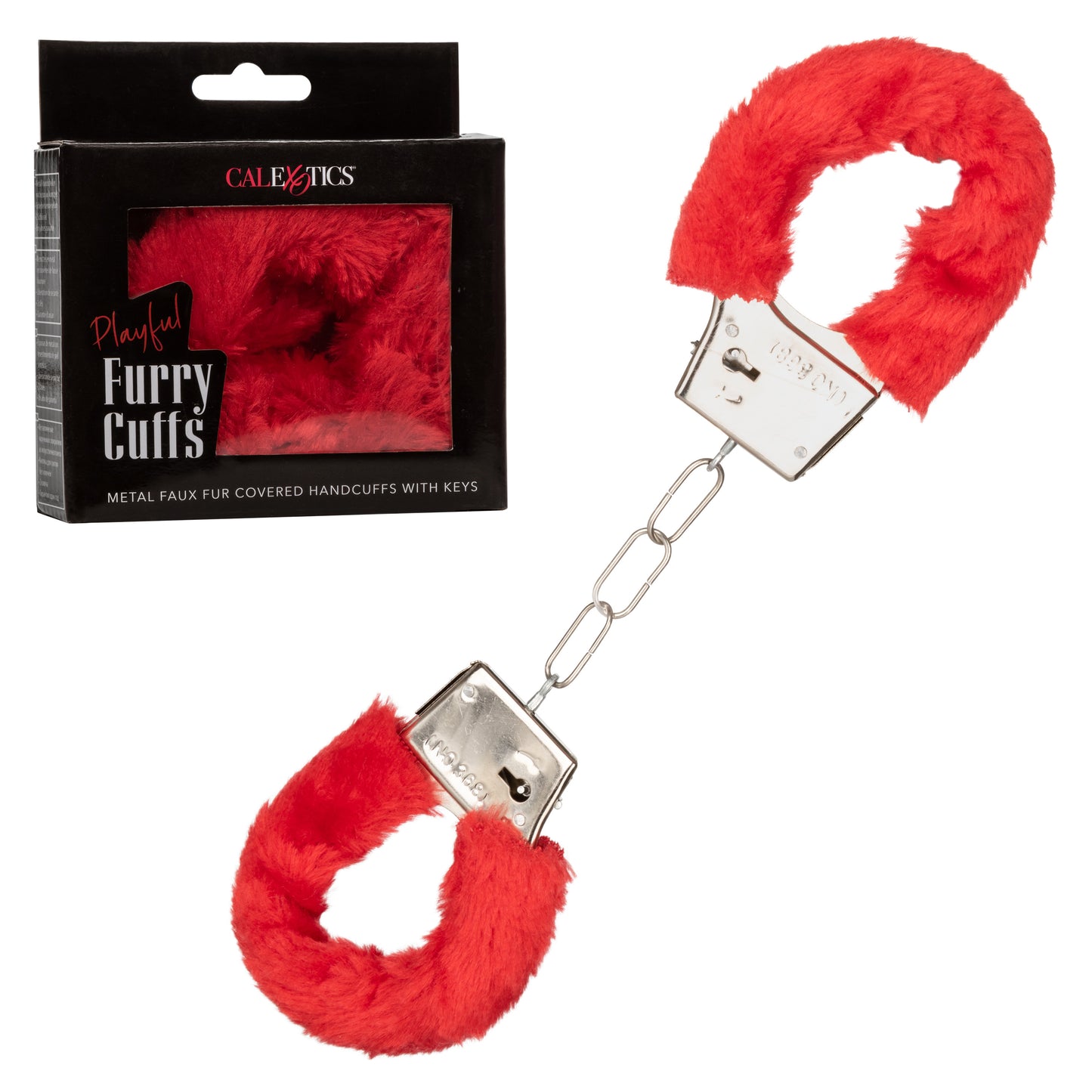 CalExotics Playful Furry Cuffs - Red Metal Handcuffs with Removable Faux Fur