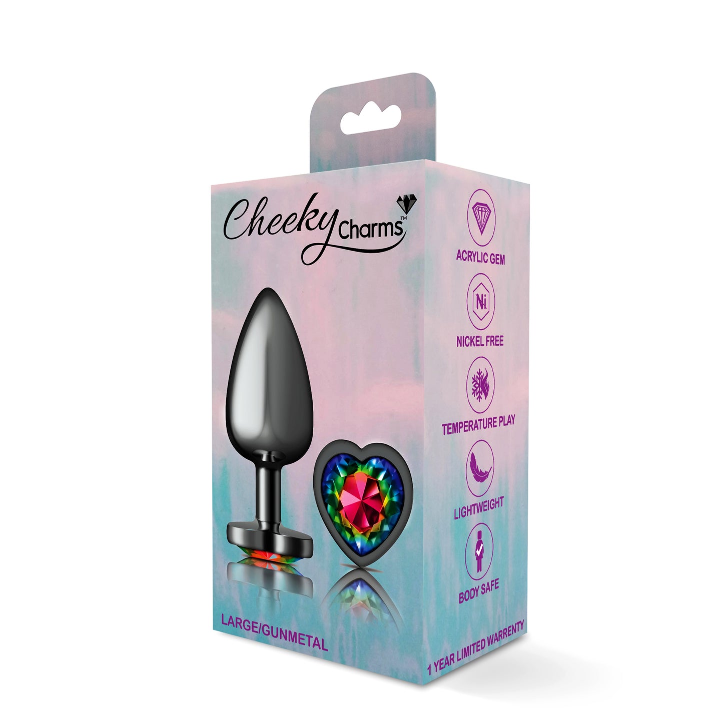 Cheeky Charms Rainbow Heart Gem Gunmetal Metal Anal Plug – Large