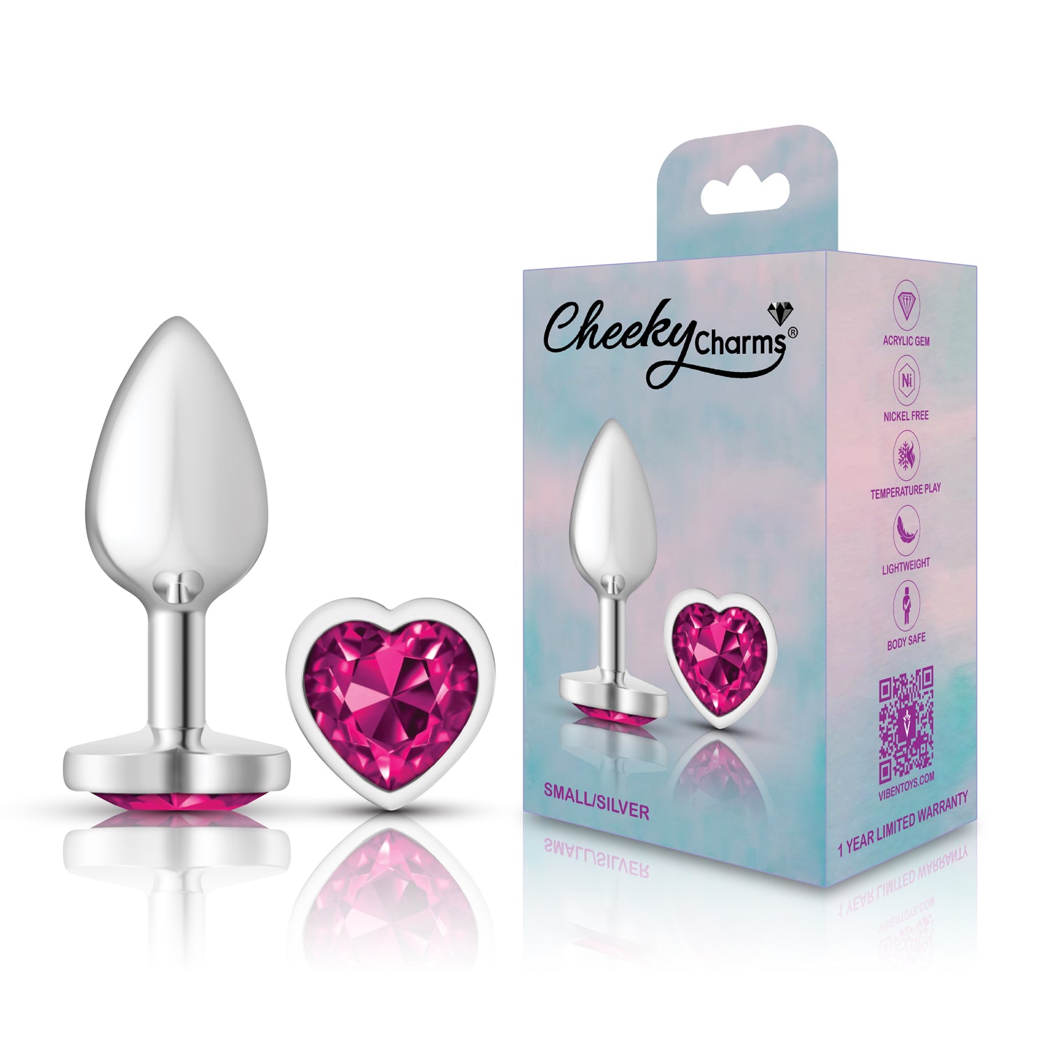 Cheeky Charms Small Silver Metal Anal Plug with Bright Pink Heart Gem