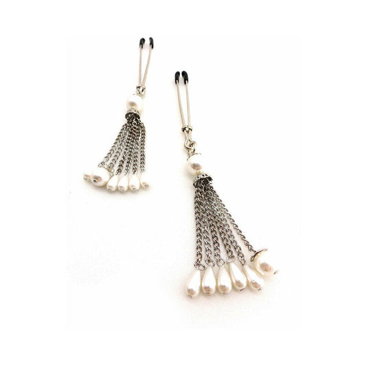 Bijoux de Nip Pearl Tassels Nipple Clamps – Chrome Plated with Faux Pearl Drops – White