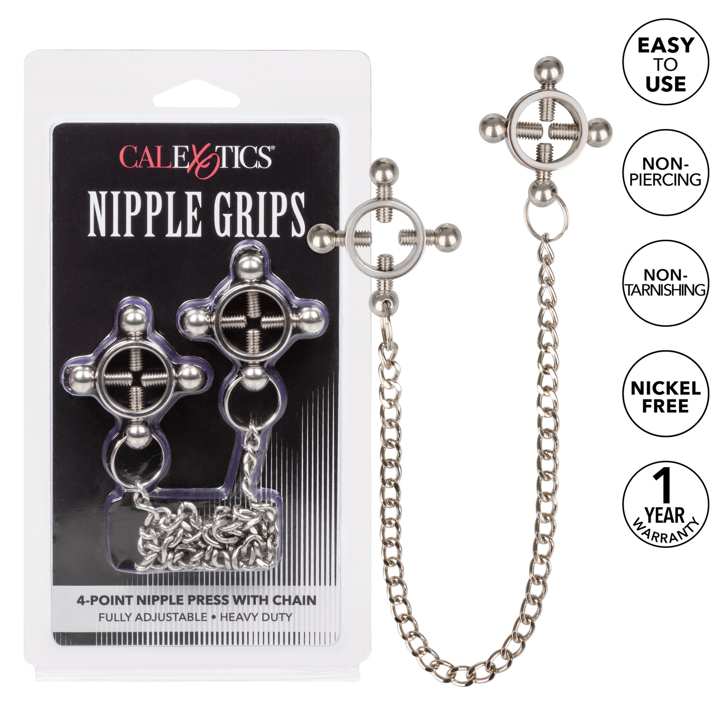 CalExotics Nipple Grips 4-Point Nipple Press with Chain – Silver