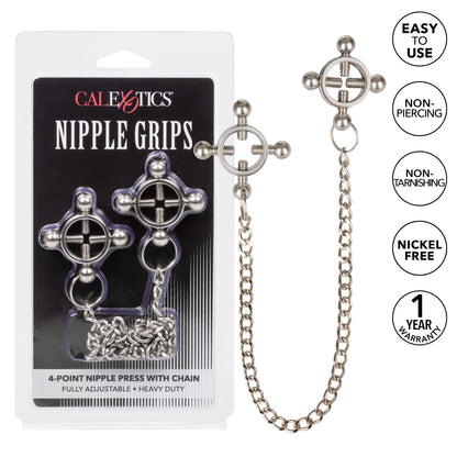 CalExotics Nipple Grips 4-Point Nipple Press with Chain – Silver