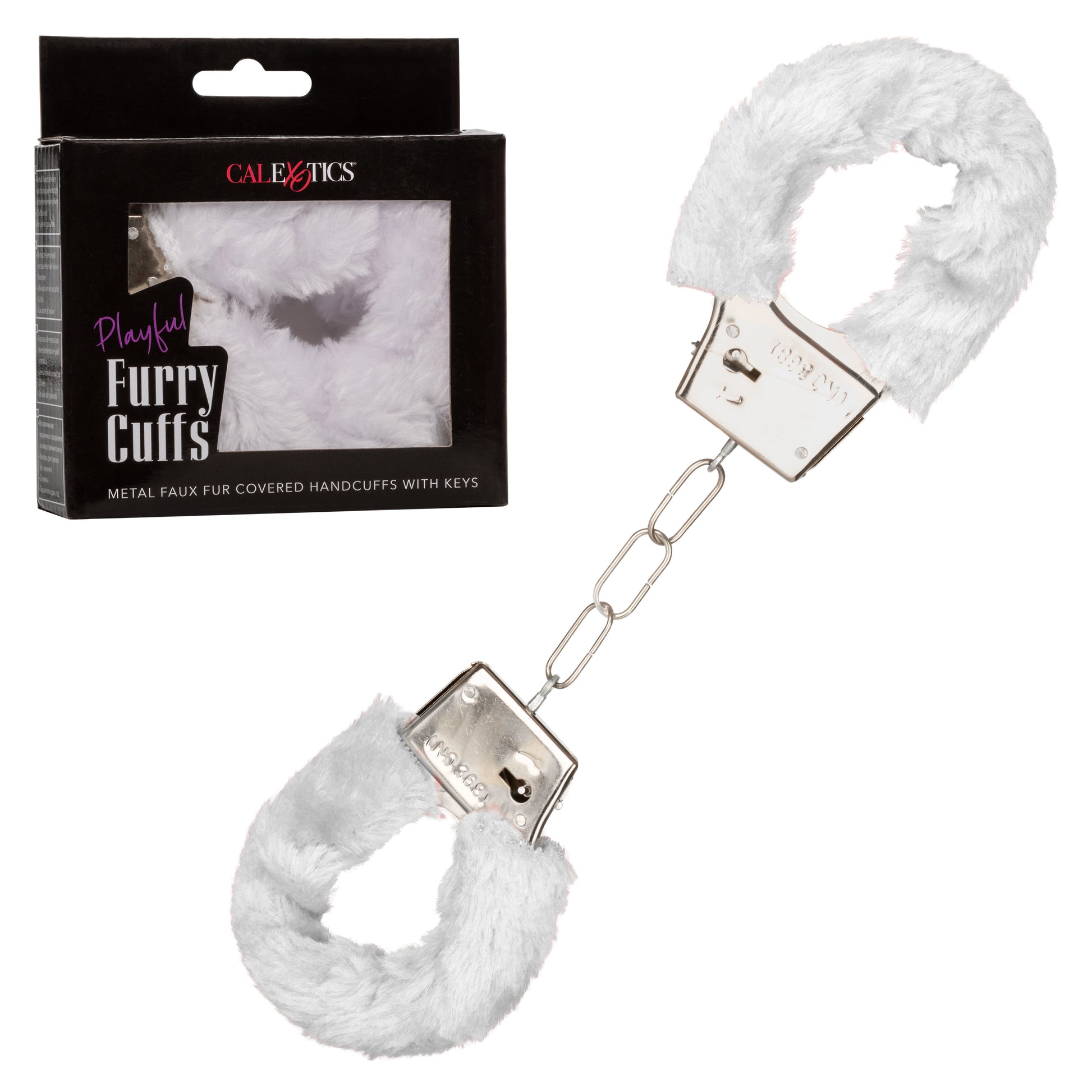CalExotics Playful Furry Cuffs - Metal Handcuffs with Safety Release - White