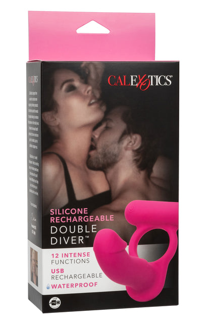 CalExotics Silicone Rechargeable Double Diver - Pink - Multi-Function Vibrating Cock Ring