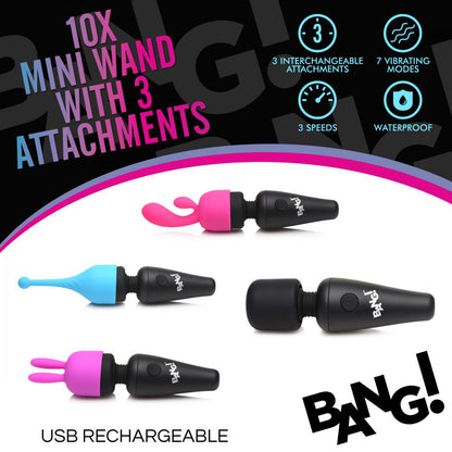 Bang 10x Mini Wand Vibrator with 3 Attachments – Multi-Color