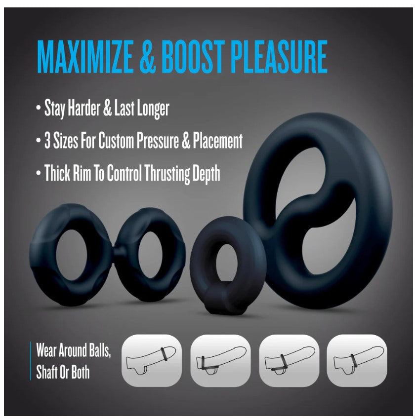 Blush Performance Plus Throttle 3-Piece Cock Ring and Ball Stretcher Set – Purio Platinum-Cured Liquid Silicone – Black
