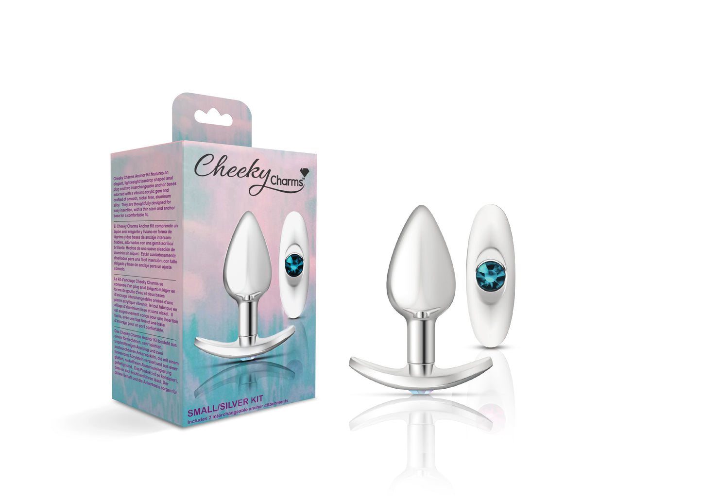 Cheeky Charms Silver Anchor Buttplug Kit with Interchangeable Gemstone Bases – Clear Iridescent/Teal