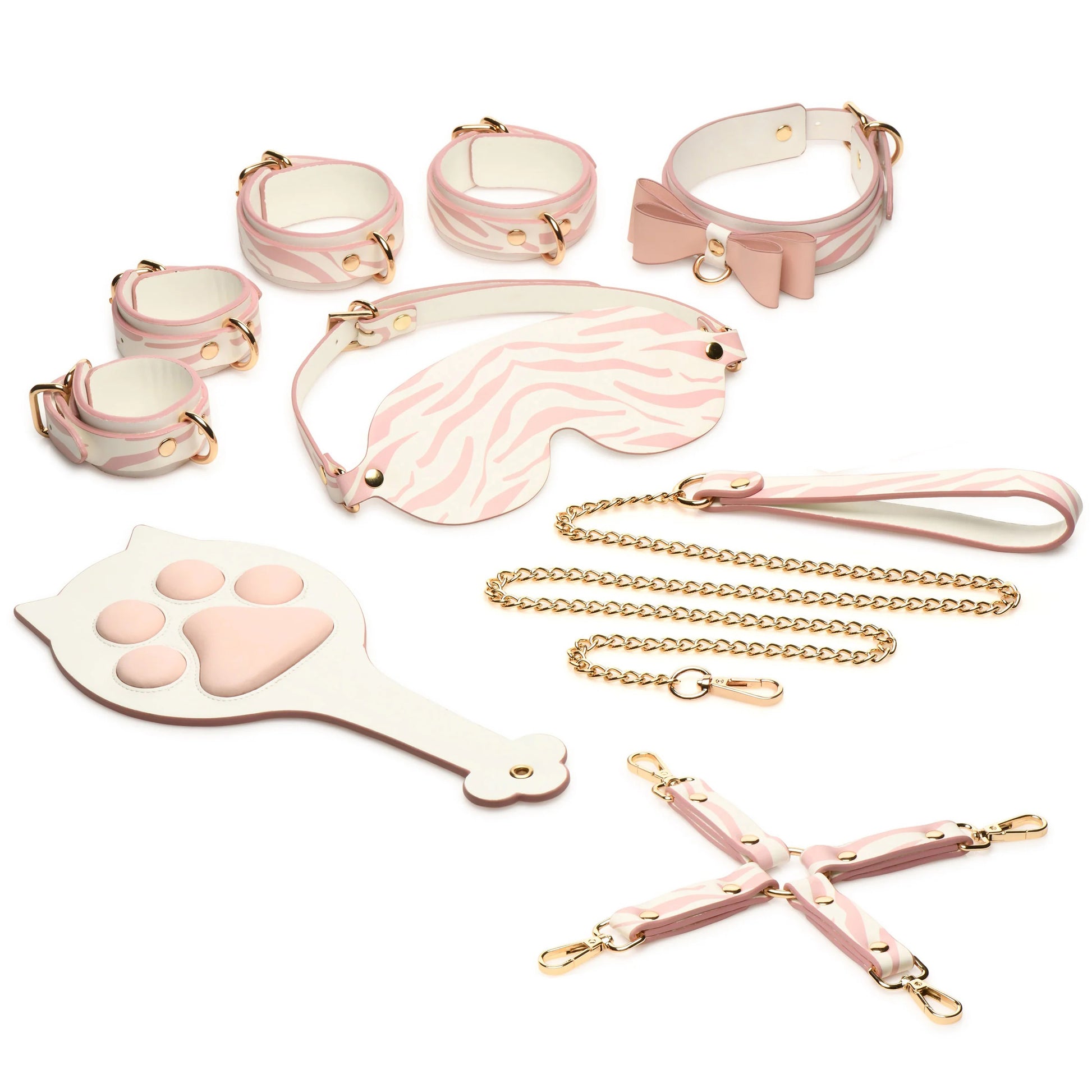 XR Brands Pink Kitty Bondage Set – Adjustable Cuffs, Collar, and Paddle – White/Pink
