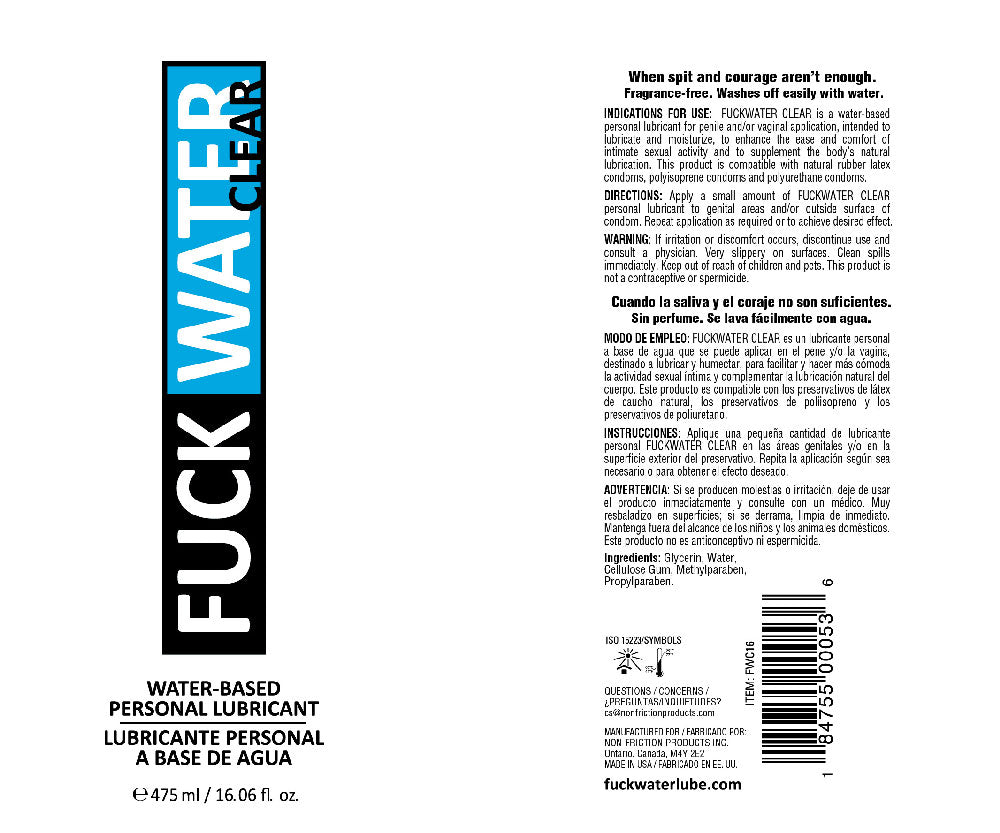 Fuck Water Clear 16oz Water Bases Lubricant