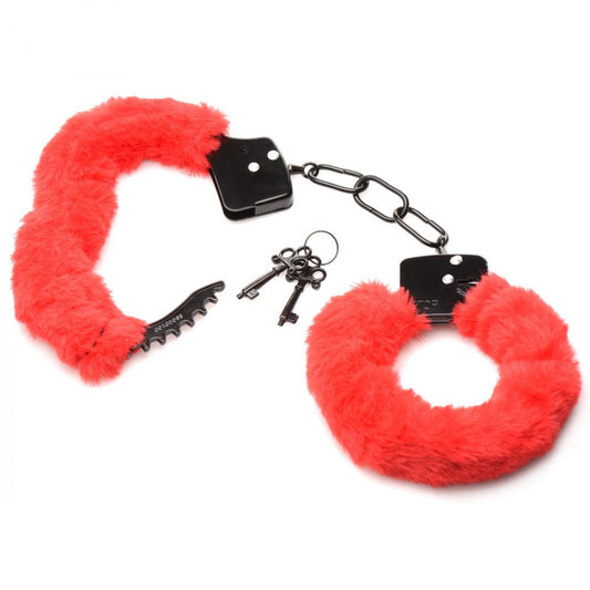 XR Brands Cuffed in Fur Furry Handcuffs - Red - Adjustable with Quick Release