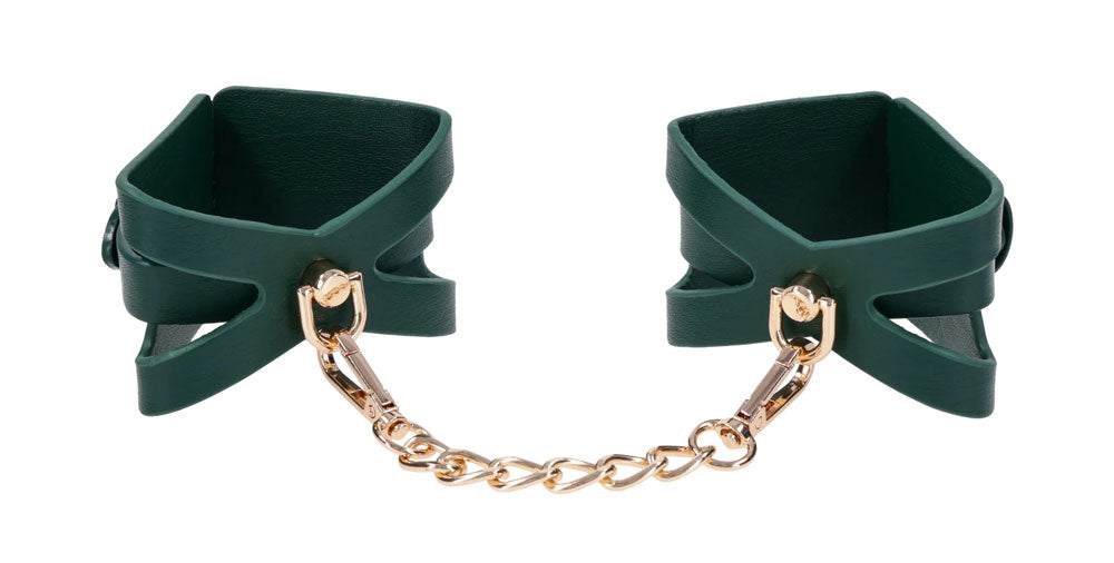 Sportsheets Indica Cutout Cuffs - Green Collar with Gold Hardware and Adjustable Fit