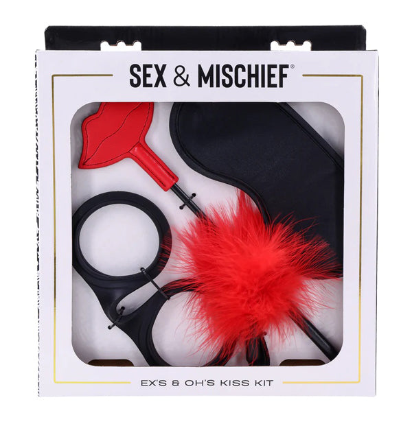 Sportsheets Ex's and Oh's Kiss Kit – Red – Includes Cuffs, Blindfold, Crop, and Feather Tickler