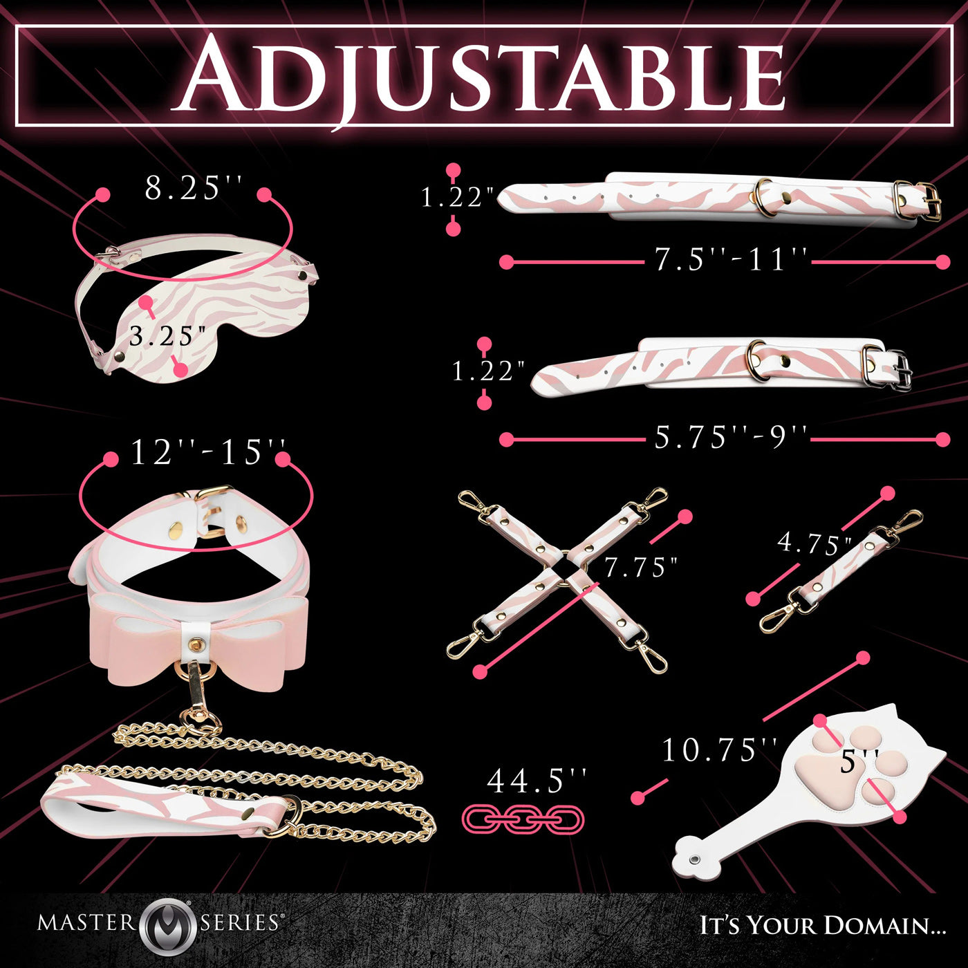 XR Brands Pink Kitty Bondage Set – Adjustable Cuffs, Collar, and Paddle – White/Pink