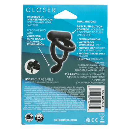 CalExotics Closer Intimate Rechargeable Ring Caress - Black - Dual Ring Design with Vibrating Taint Tickler