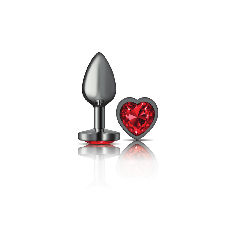 Cheeky Charms Deep Red Heart Gem Gunmetal Metal Anal Plug - Small