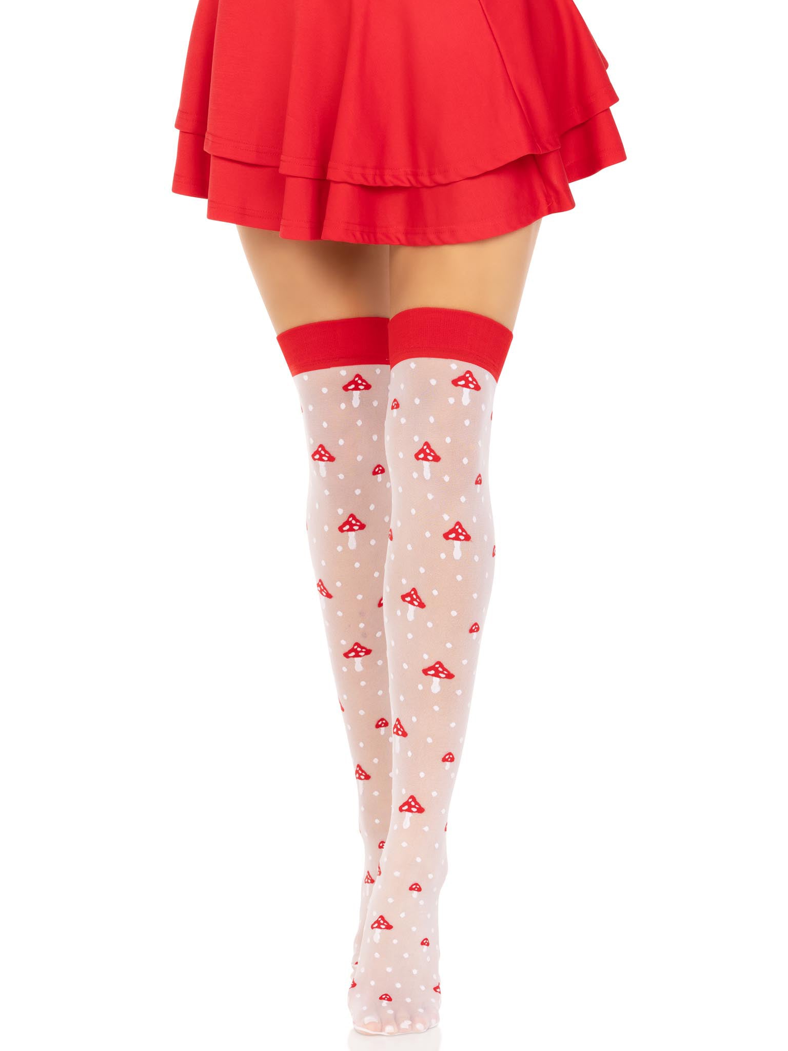 Leg Avenue Polka Dot Mushroom Thigh Highs - Sheer White/Red